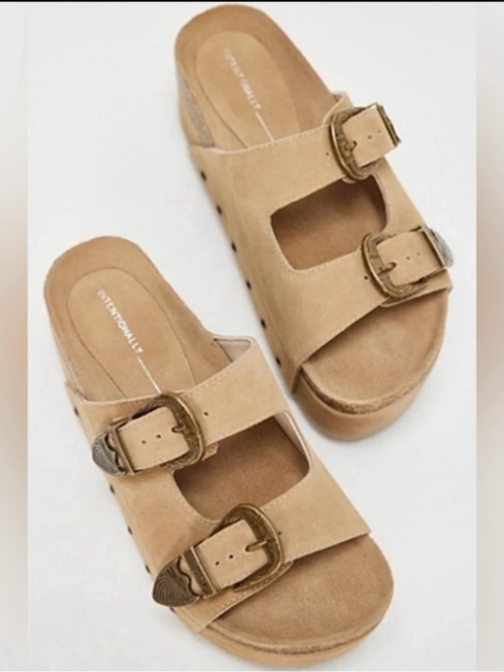 INTENTIONALLY BLANK Tan Suede Platform Slide Sandals with Buckles
